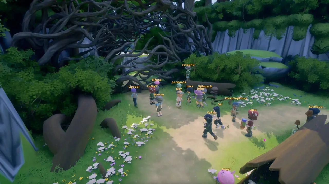 A community gathering of Loftia players resting together in a sunlit forest clearing
